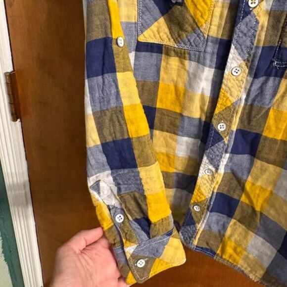 Blue Yellow Kid Long Sleeve Flannel Button Up Collared Casual Nice Youth Boys L - Picture 5 of 9